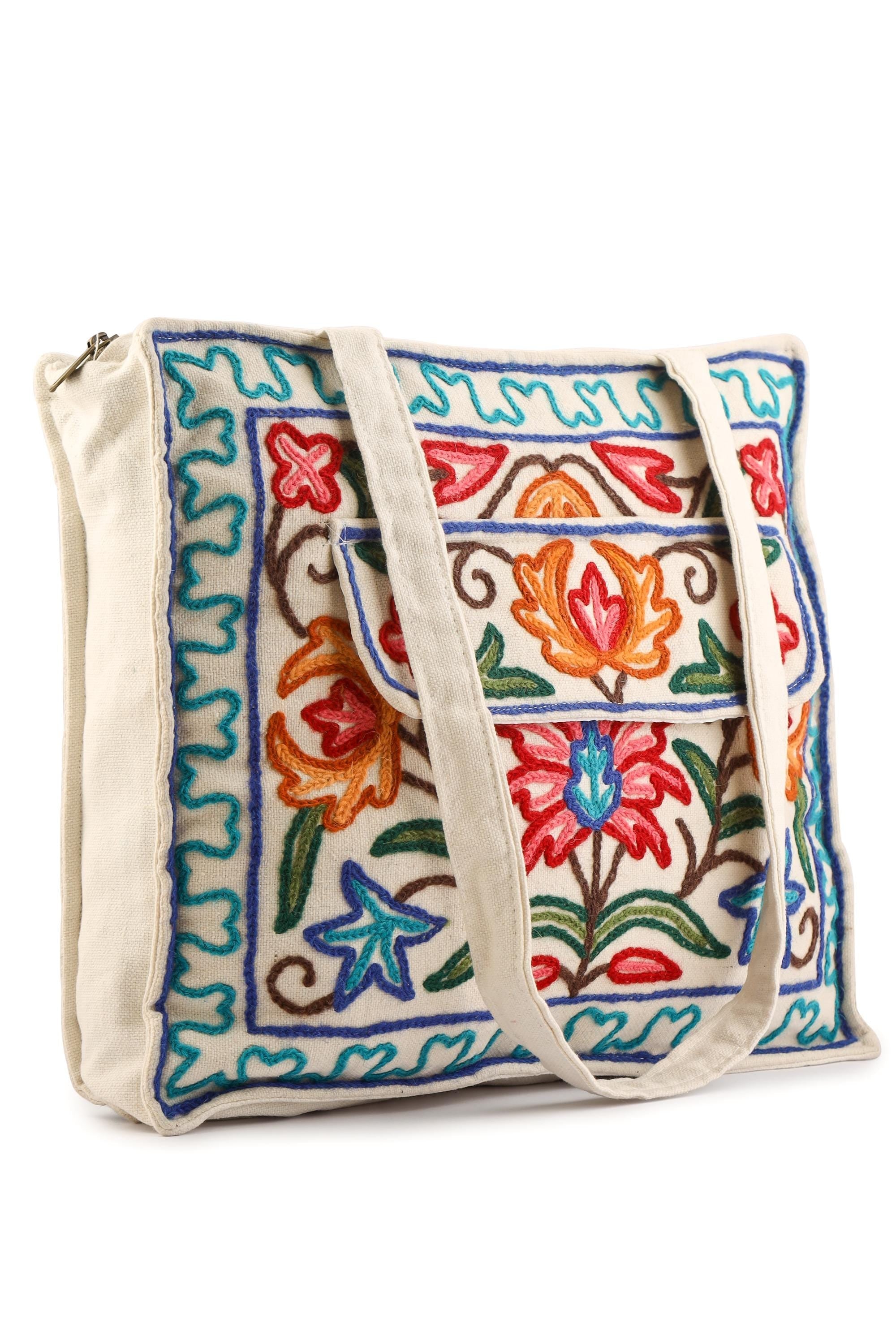 Handmade Kashmiri Embroidered Cotton Tote Bag: Boho Floral Shoulder Bag - BATIN