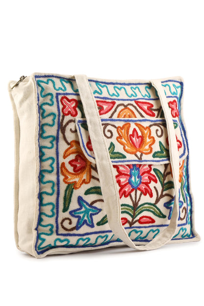 Handmade Kashmiri Embroidered Cotton Tote Bag: Boho Floral Shoulder Bag - BATIN