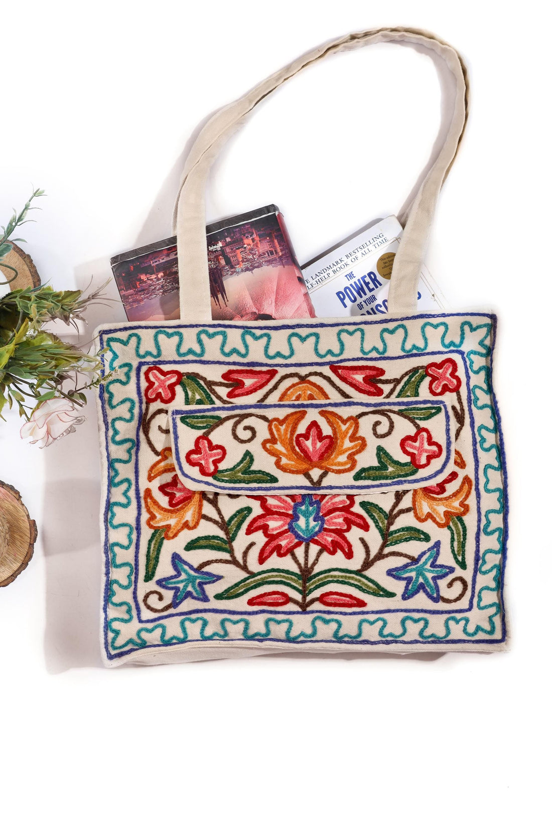 Handmade Kashmiri Embroidered Cotton Tote Bag: Boho Floral Shoulder Bag - BATIN