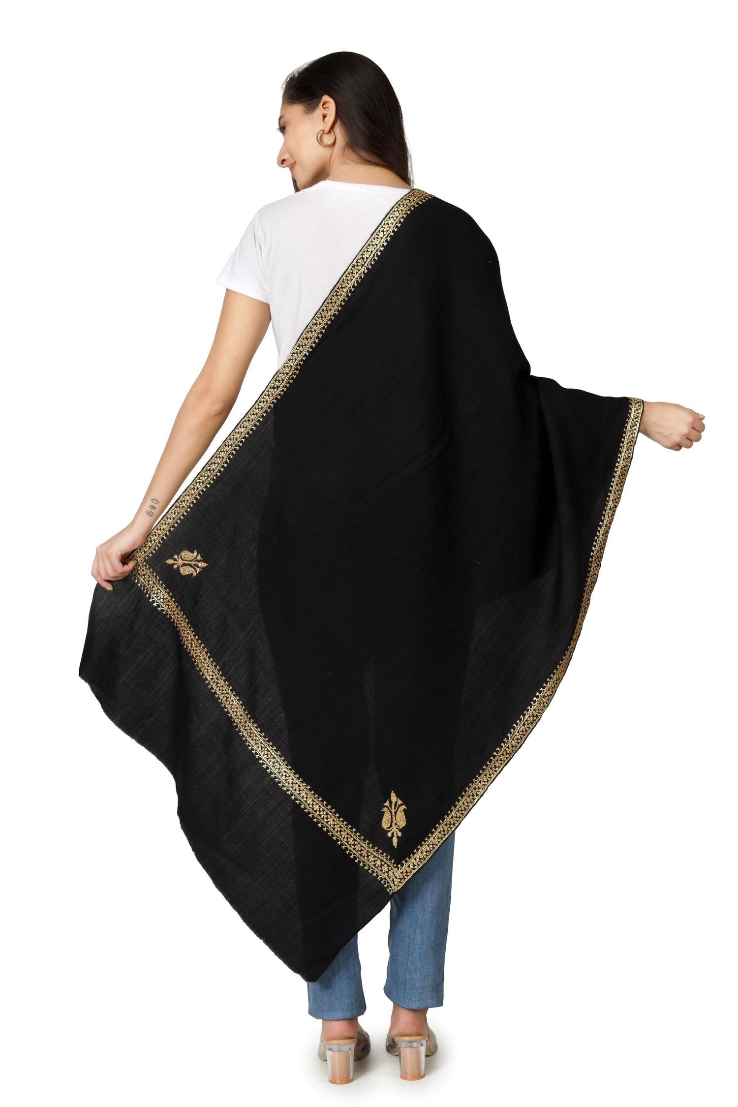 Gold Tilla Hand Embroidered Indian Purewool Stole, Kashmiri Handmade Scarf BATIN