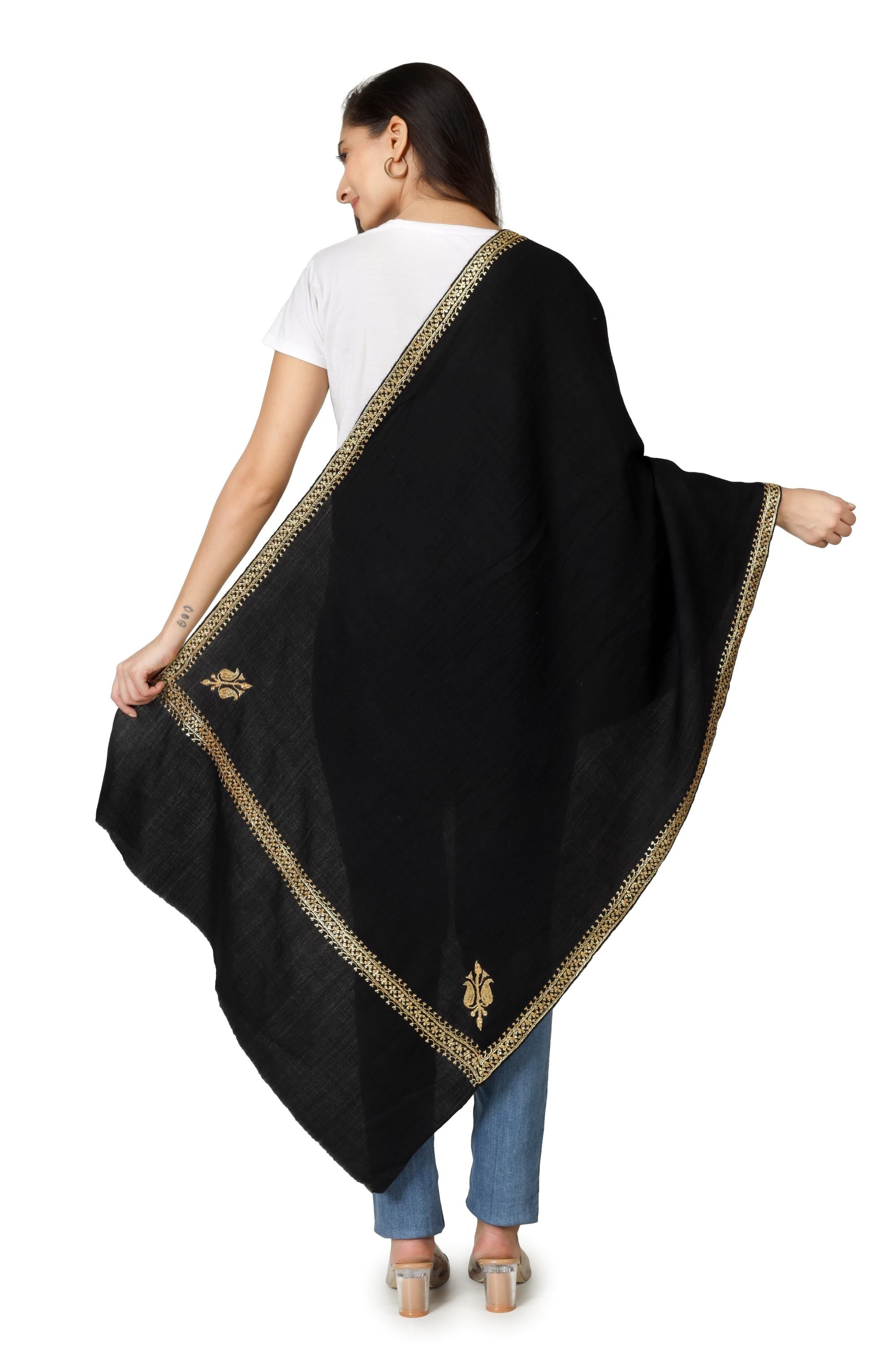 Gold Tilla Hand Embroidered Indian Purewool Stole, Kashmiri Handmade Scarf BATIN