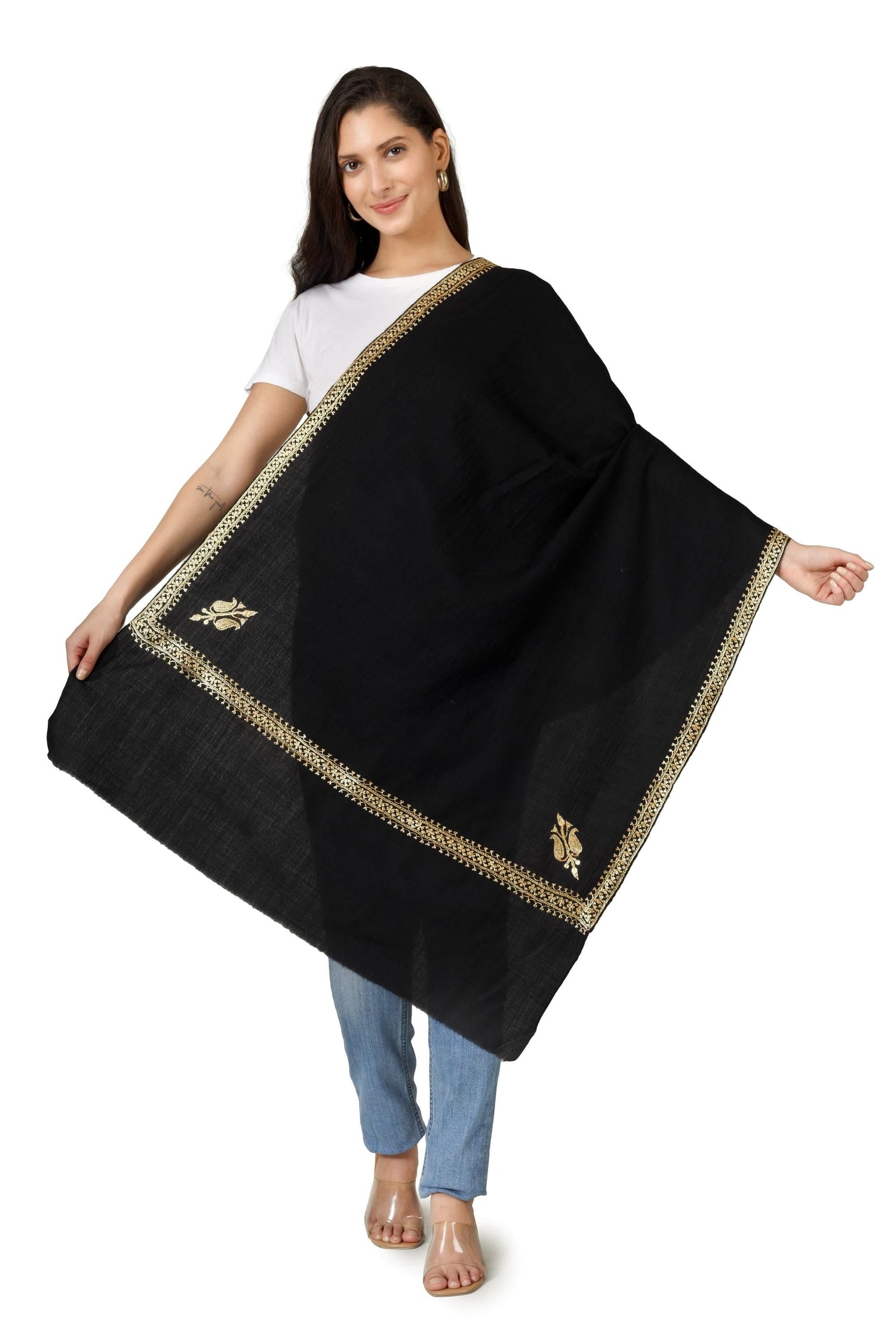 Gold Tilla Hand Embroidered Indian Purewool Stole, Kashmiri Handmade Scarf BATIN