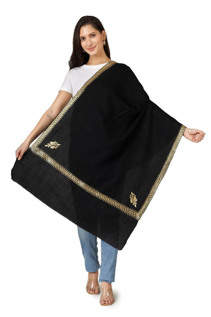 Gold Tilla Hand Embroidered Indian Purewool Stole, Kashmiri Handmade Scarf BATIN