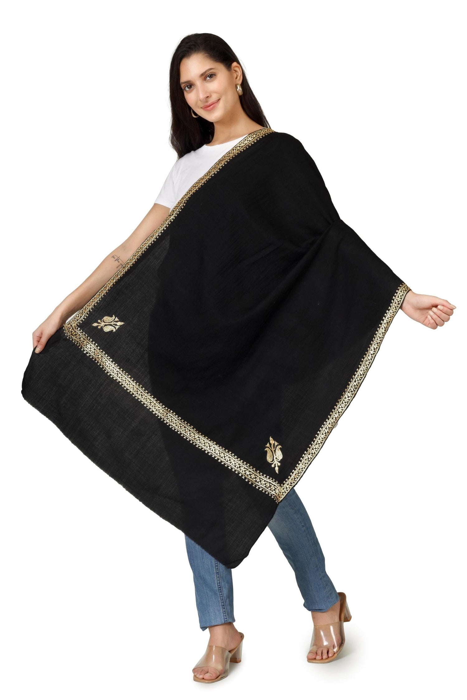 Gold Tilla Hand Embroidered Indian Purewool Stole, Kashmiri Handmade Scarf BATIN