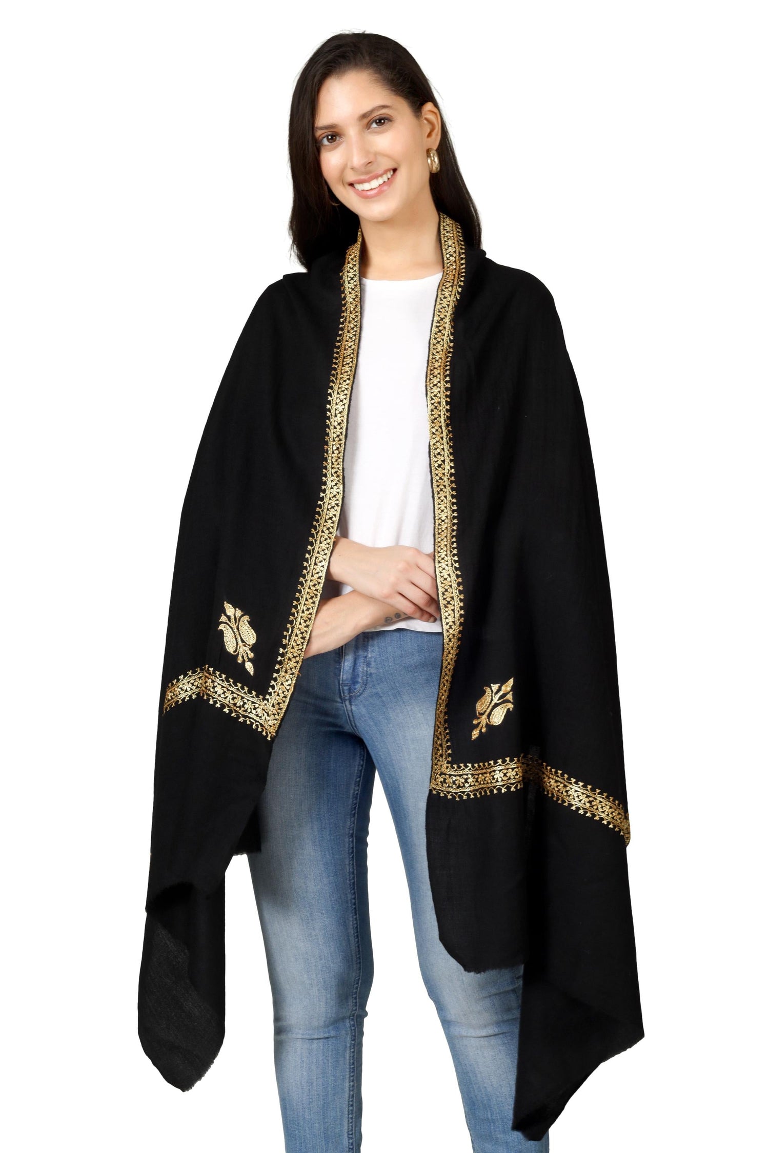 Gold Tilla Hand Embroidered Indian Purewool Stole, Kashmiri Handmade Scarf BATIN