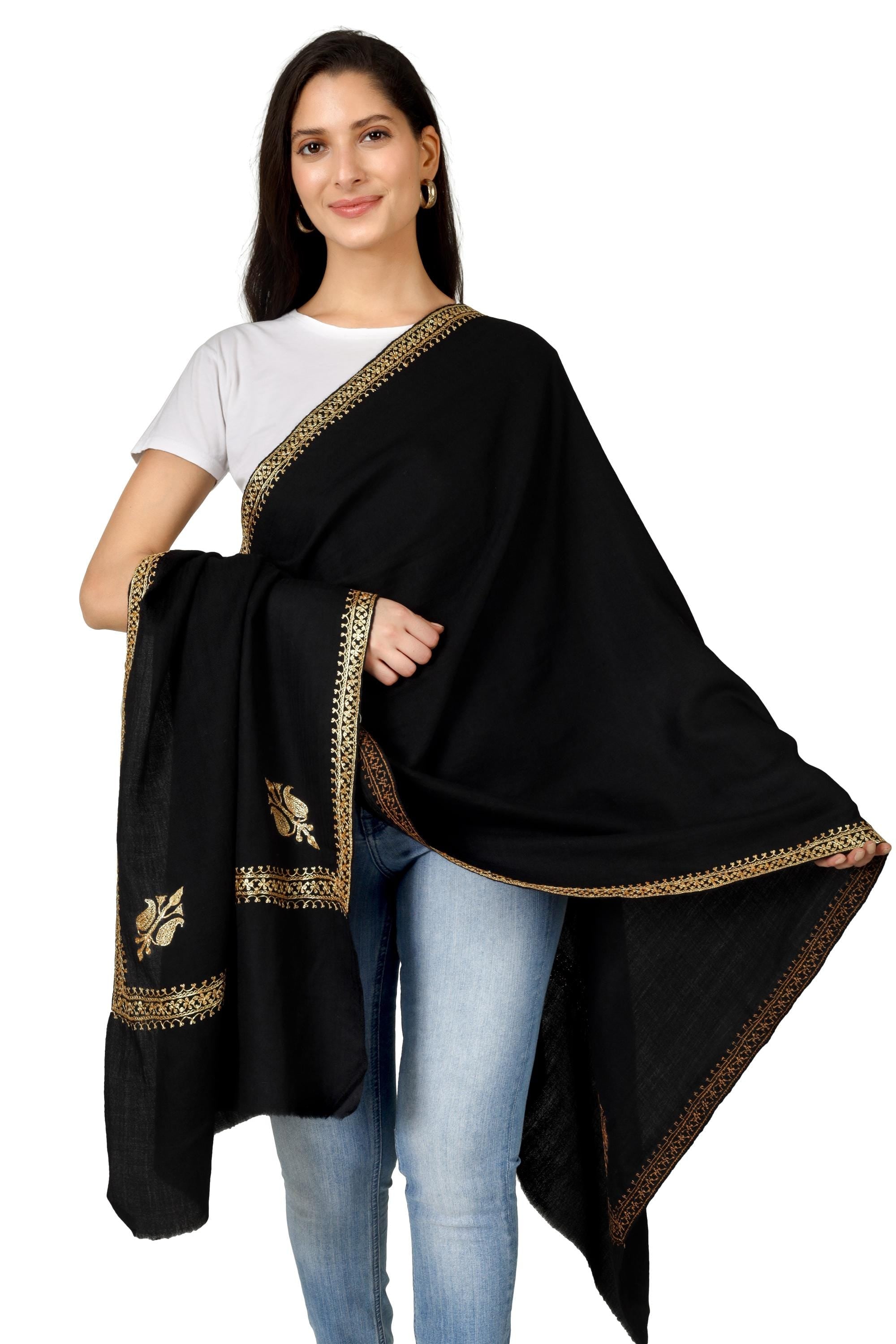 Gold Tilla Hand Embroidered Indian Purewool Stole, Kashmiri Handmade Scarf BATIN