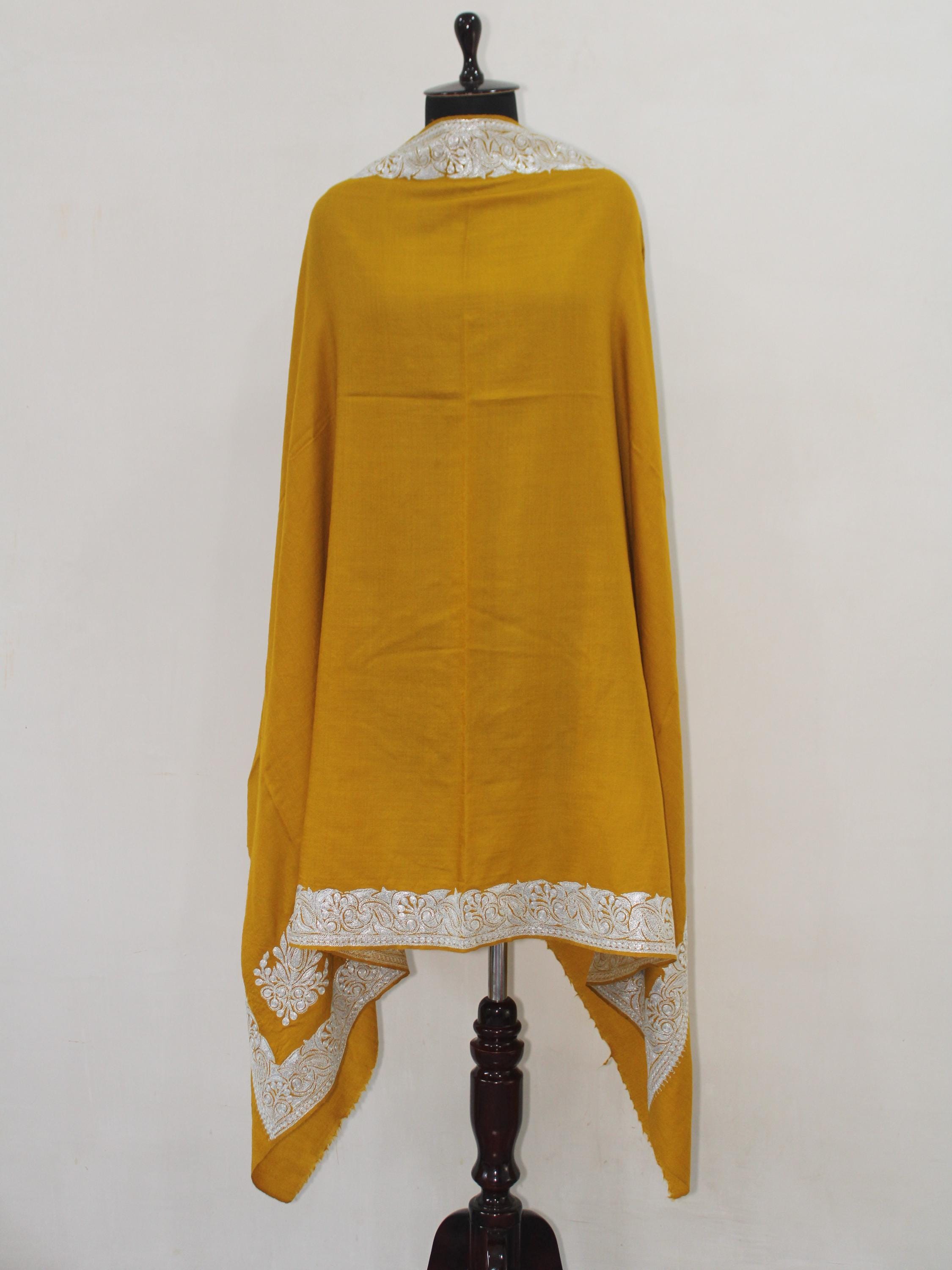Fine Merino Wool Tilla Embroidered Mustard Shawl BATIN