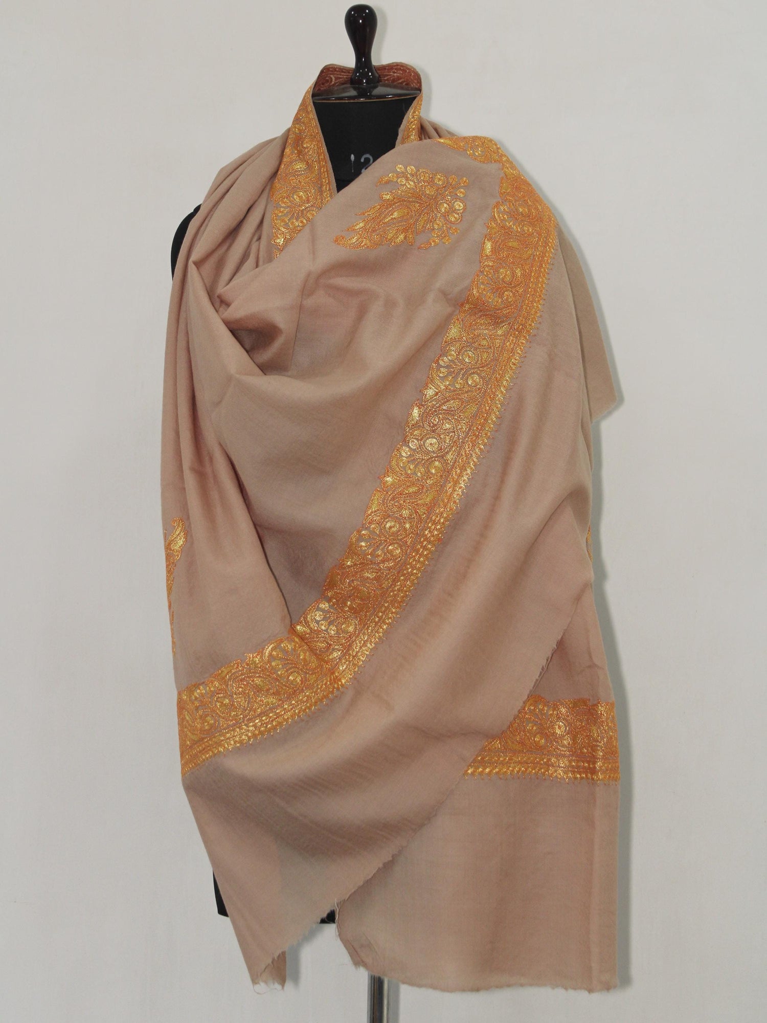 Fine Merino Wool Tilla Embroidered Beige Shawl BATIN