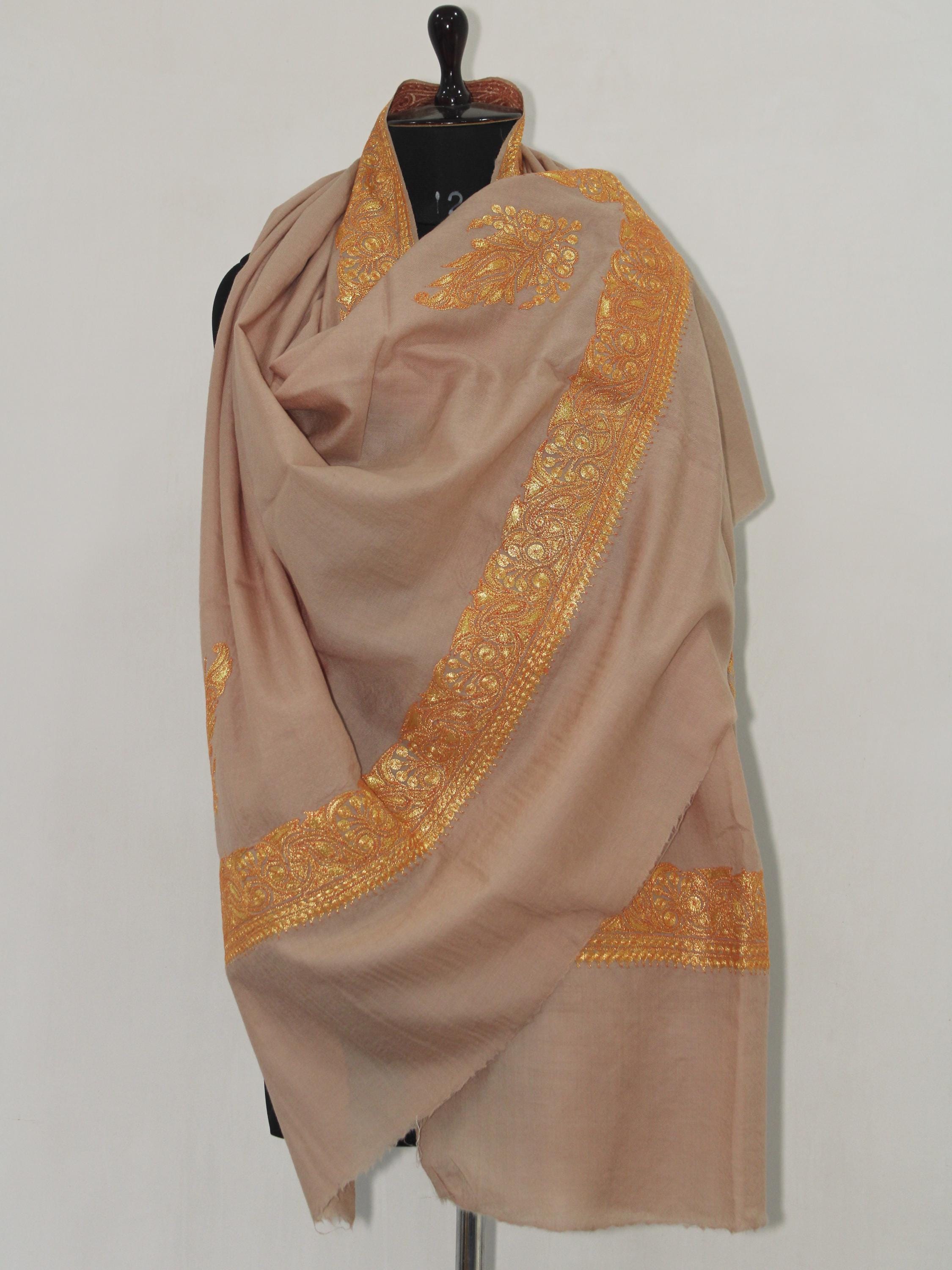 Fine Merino Wool Tilla Embroidered Beige Shawl BATIN