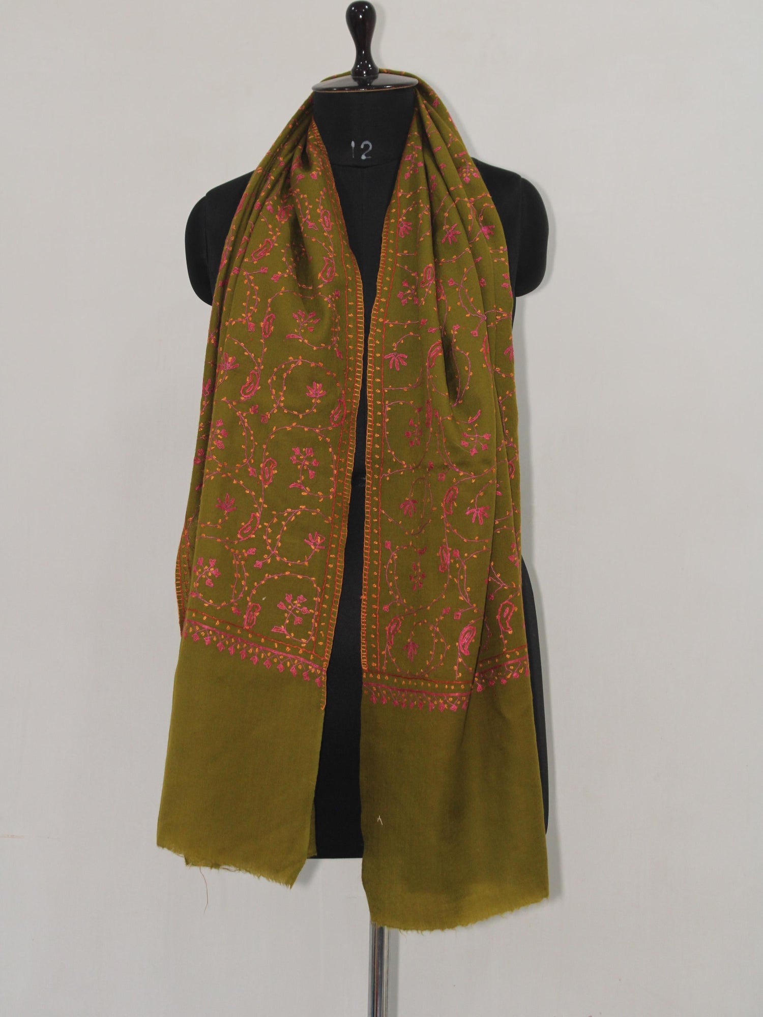 Fine Merino Wool Sozni Embroidered Green Stole BATIN