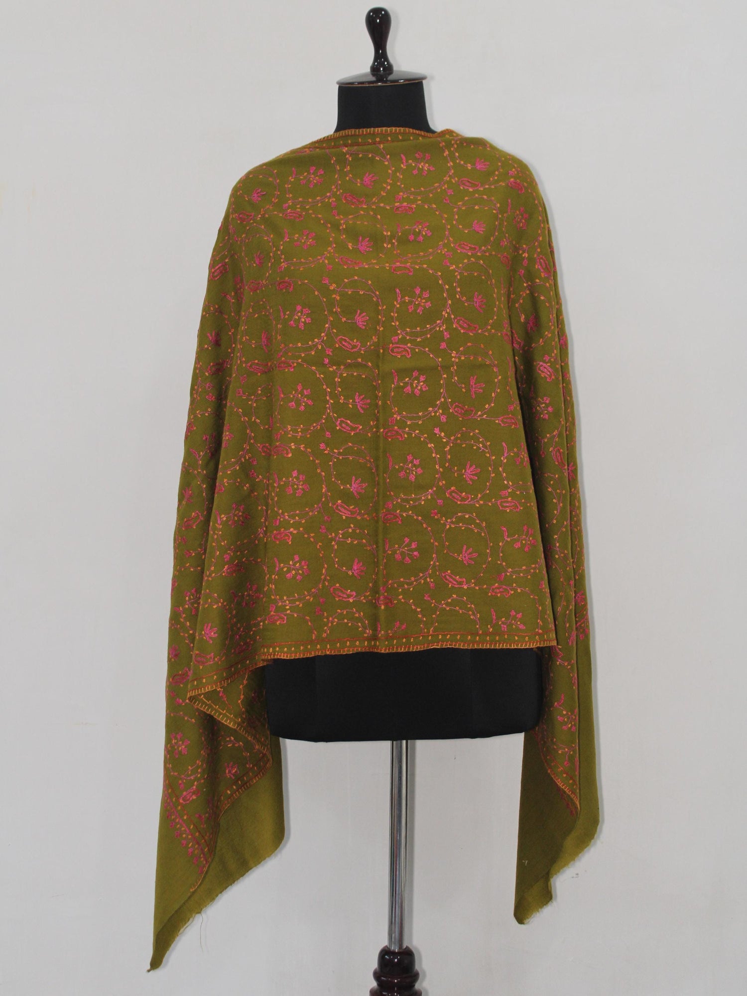 Fine Merino Wool Sozni Embroidered Green Stole BATIN