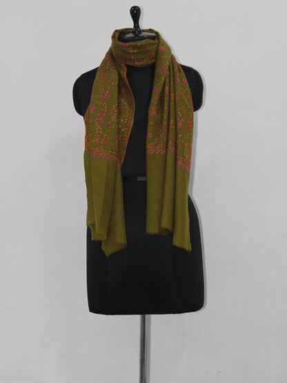 Fine Merino Wool Sozni Embroidered Green Stole BATIN