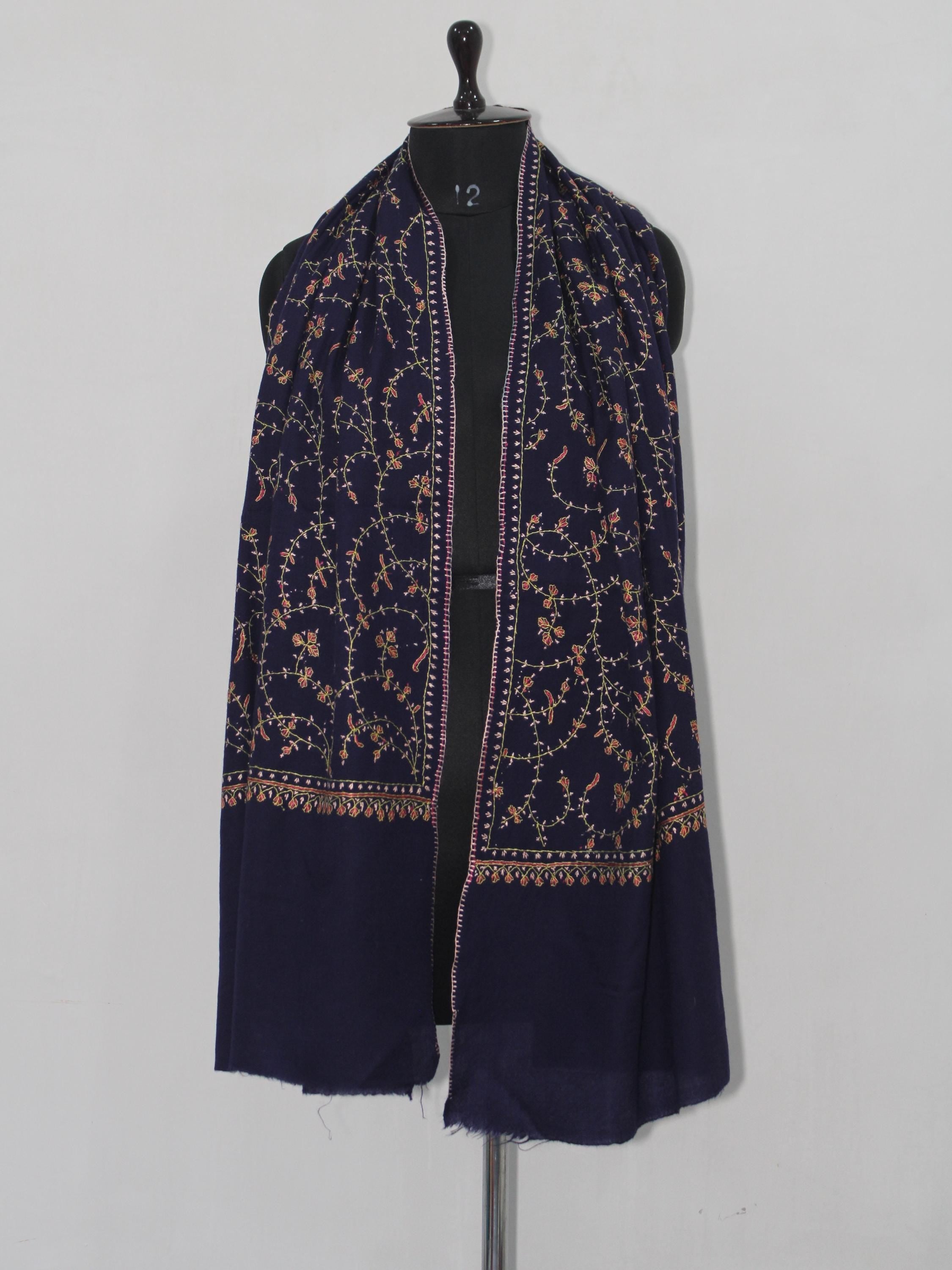 Fine Merino Wool Sozni Embroidered Blue Stole BATIN