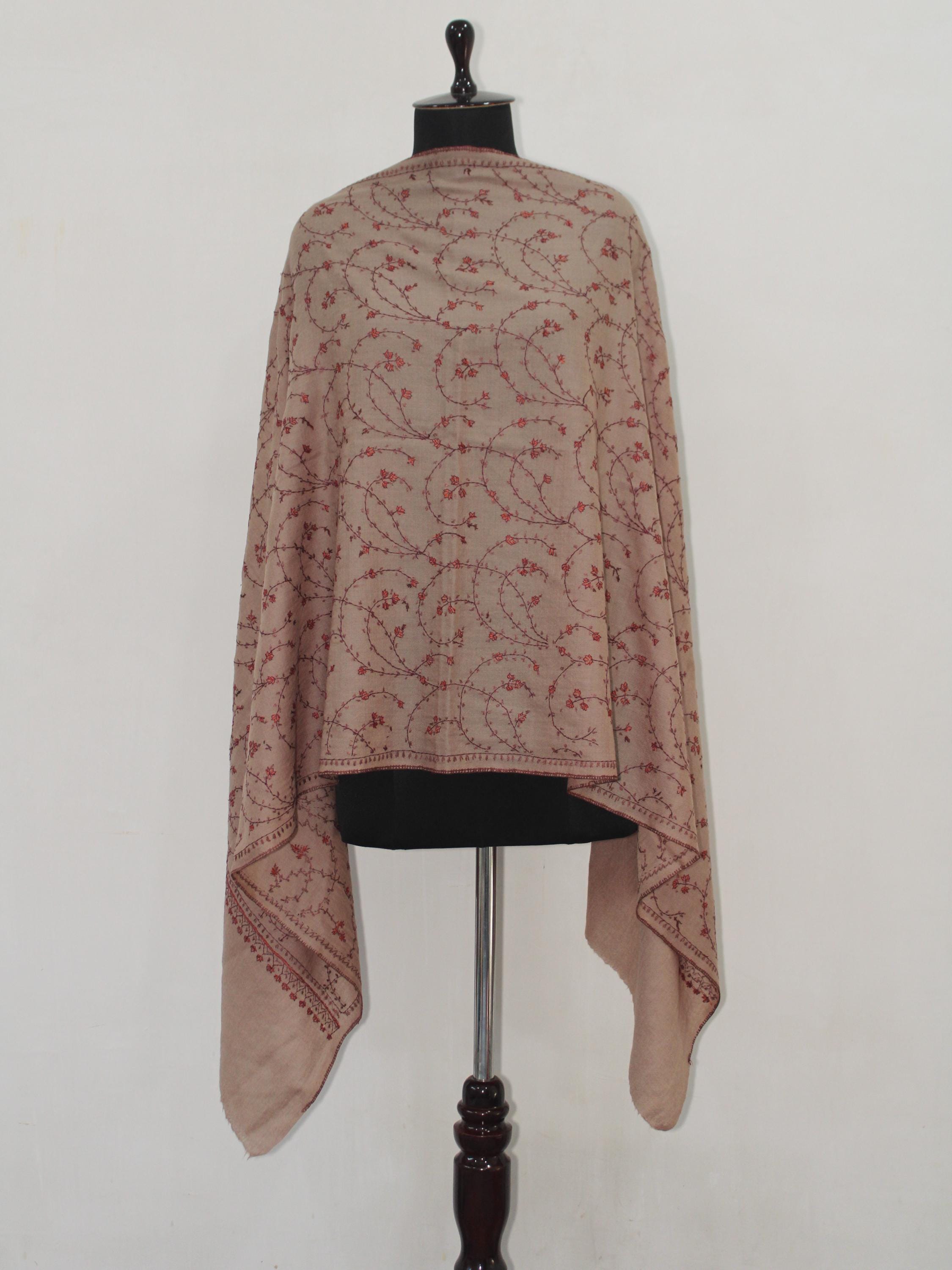 Fine Merino Wool Sozni Embroidered Beige Stole BATIN