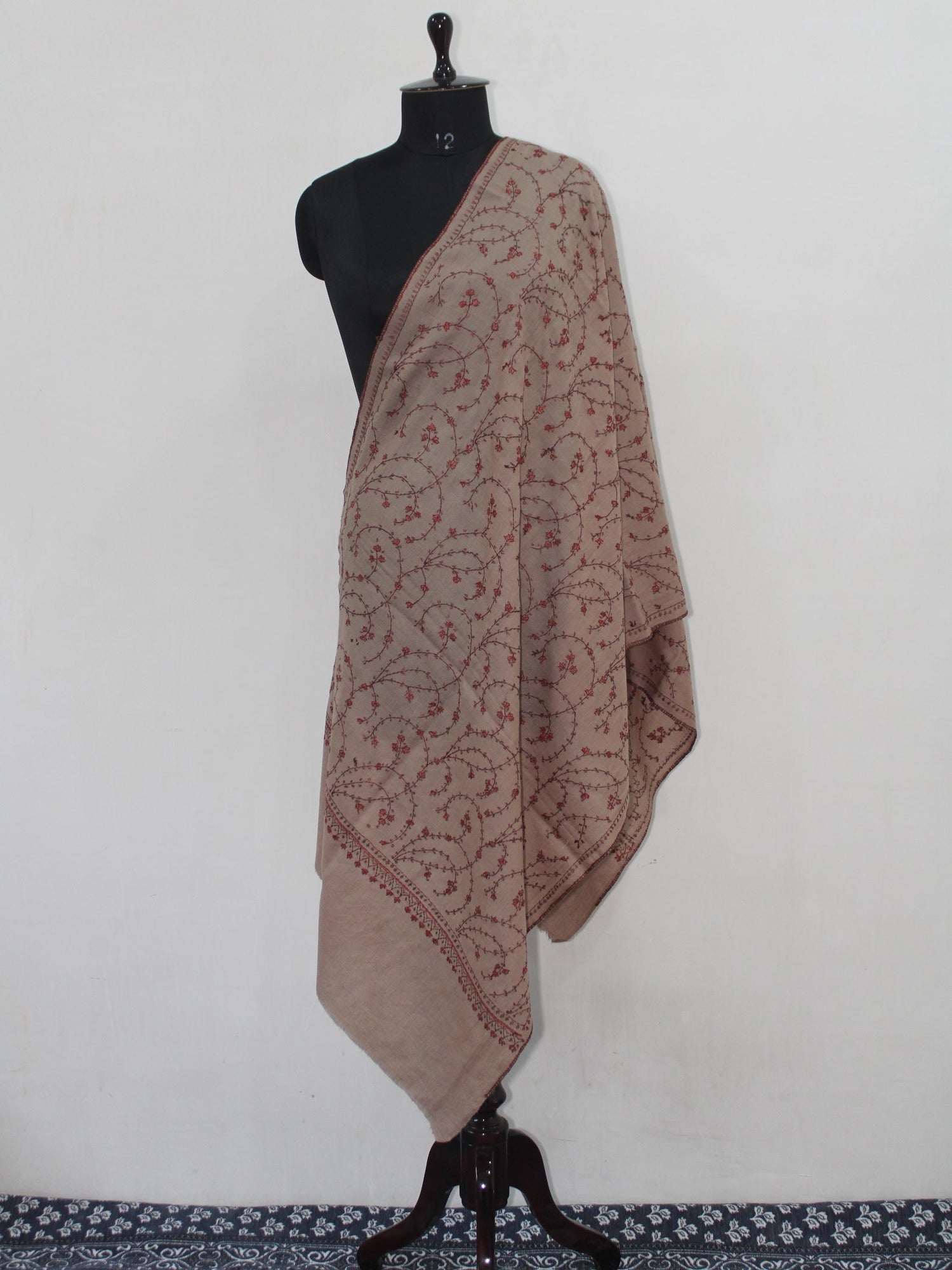 Fine Merino Wool Sozni Embroidered Beige Stole BATIN