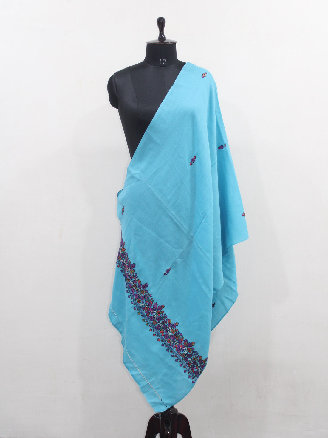Kashmiri Ferozi Wool Scarf: Handmade Paper Mache Embroidery Stole BATIN