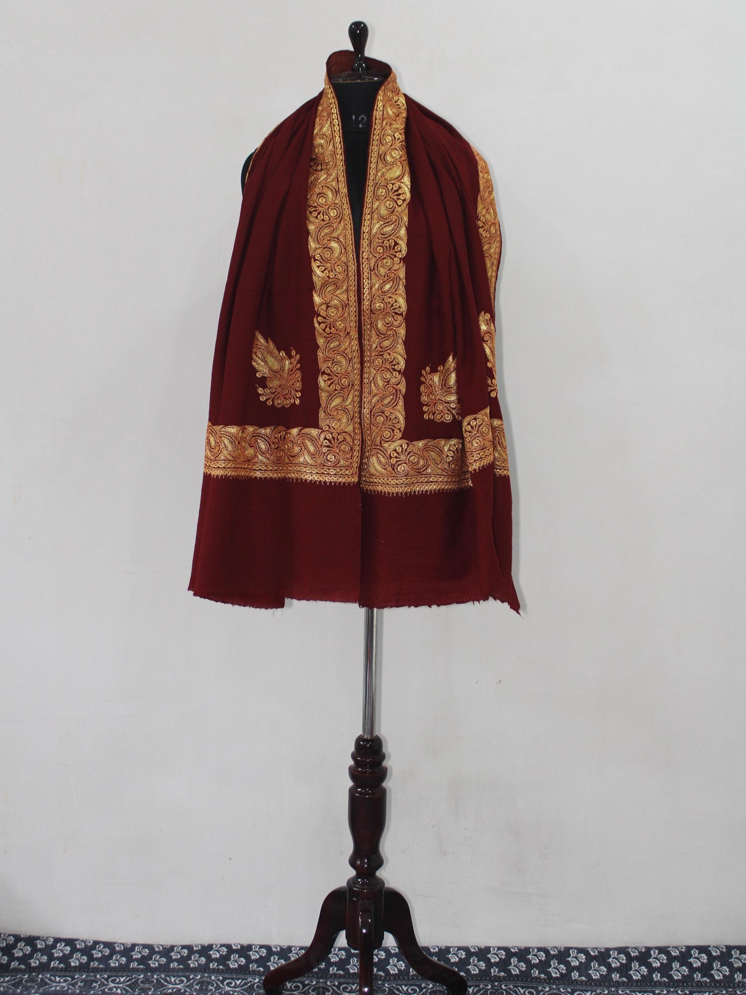 Fine Merino Wool Tilla Embroidered Maroon Shawl BATIN