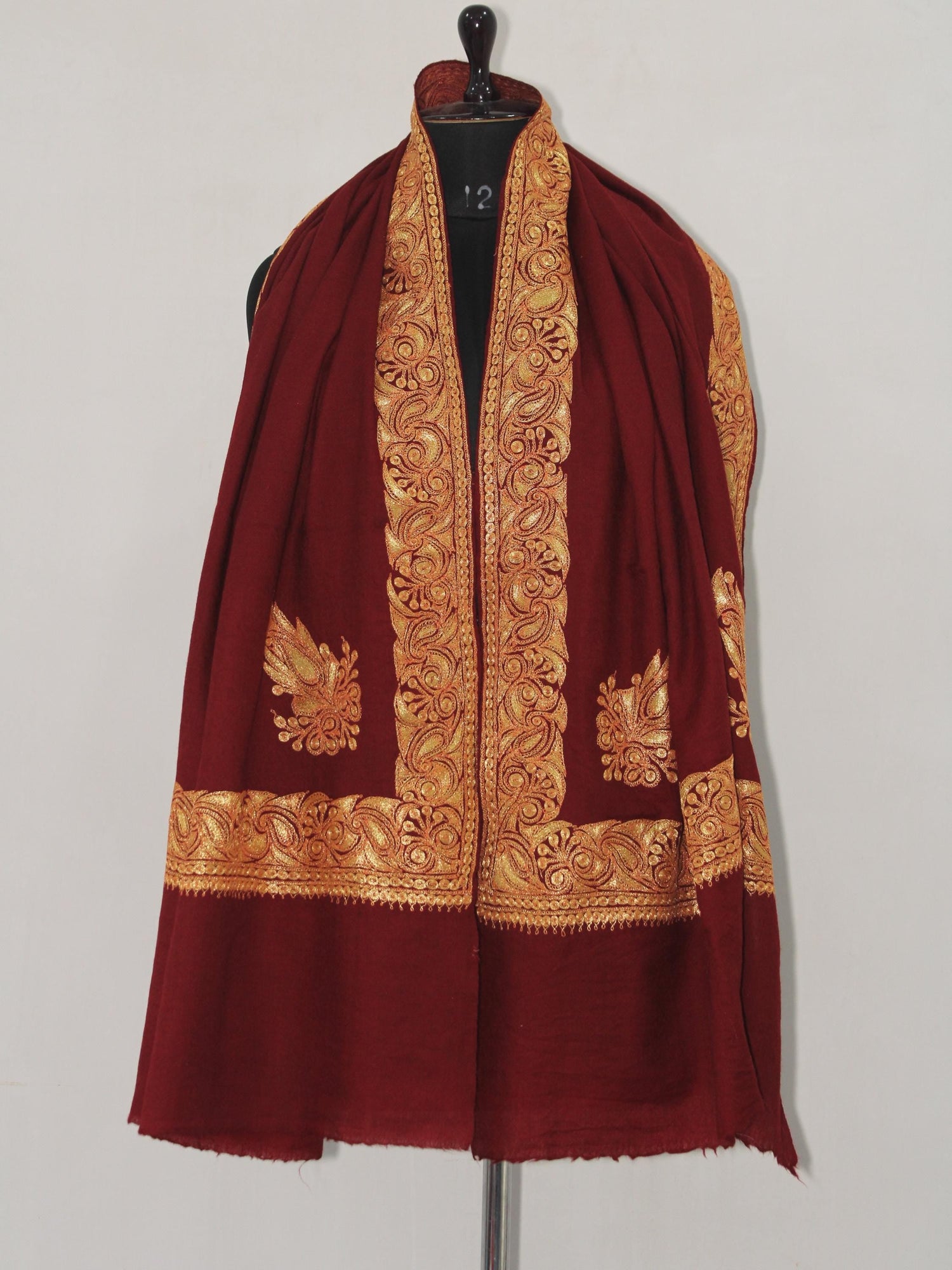 Fine Merino Wool Tilla Embroidered Maroon Shawl BATIN