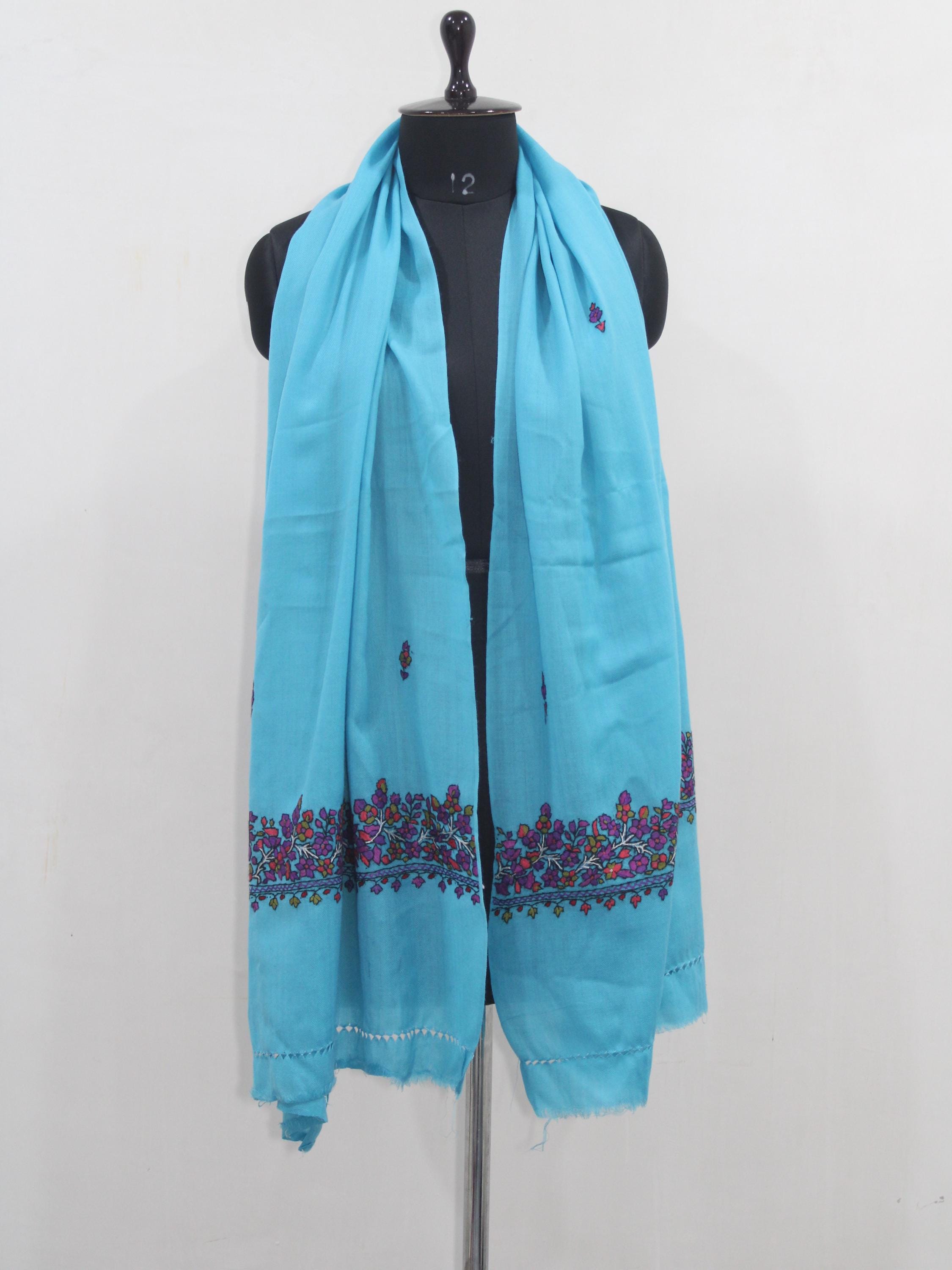 Kashmiri Ferozi Wool Scarf: Handmade Paper Mache Embroidery Stole - BATIN