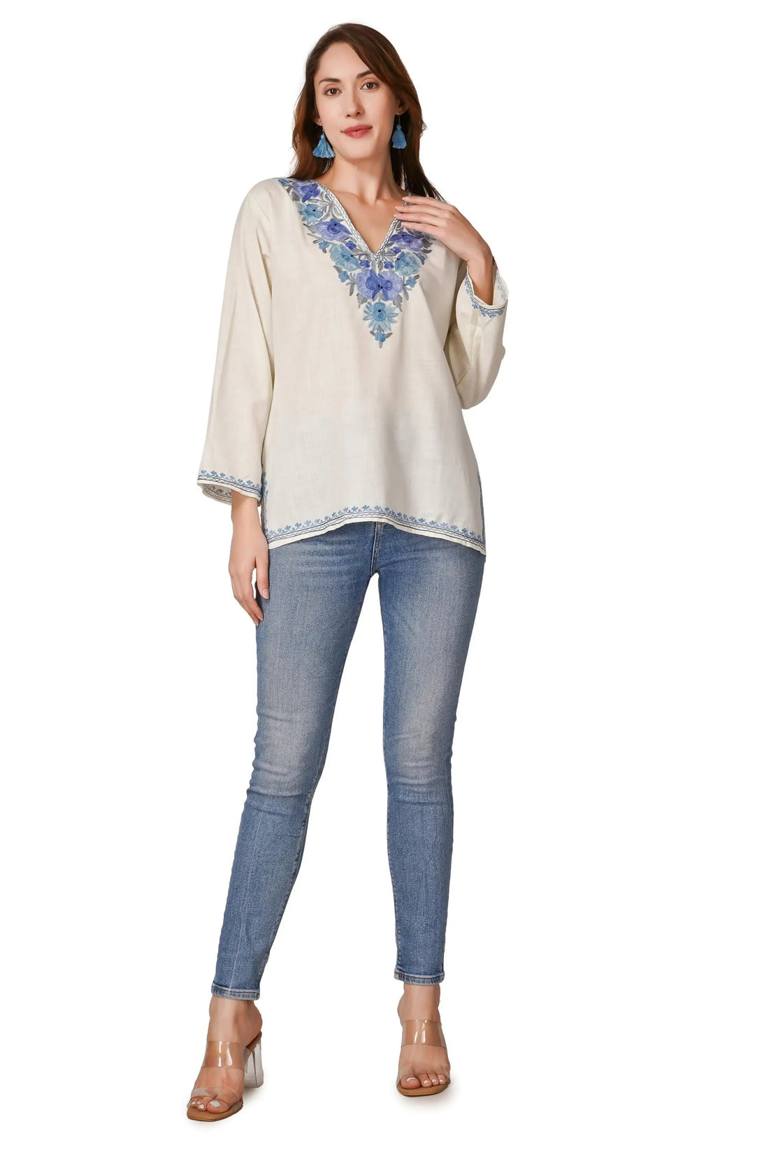 Kashmiri Aari Embroidered Cotton Kurti, Short Indian Women&