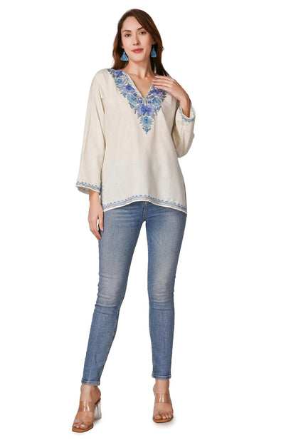 Kashmiri Aari Embroidered Cotton Kurti, Short Indian Women&