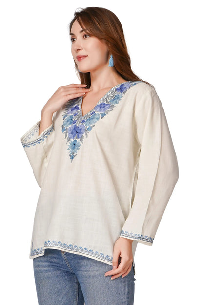 Kashmiri Aari Embroidered Cotton Kurti, Short Indian Women&
